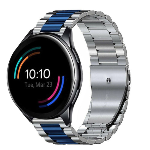Steel Strap, silver/blue, on a watch, 3/4 rear view