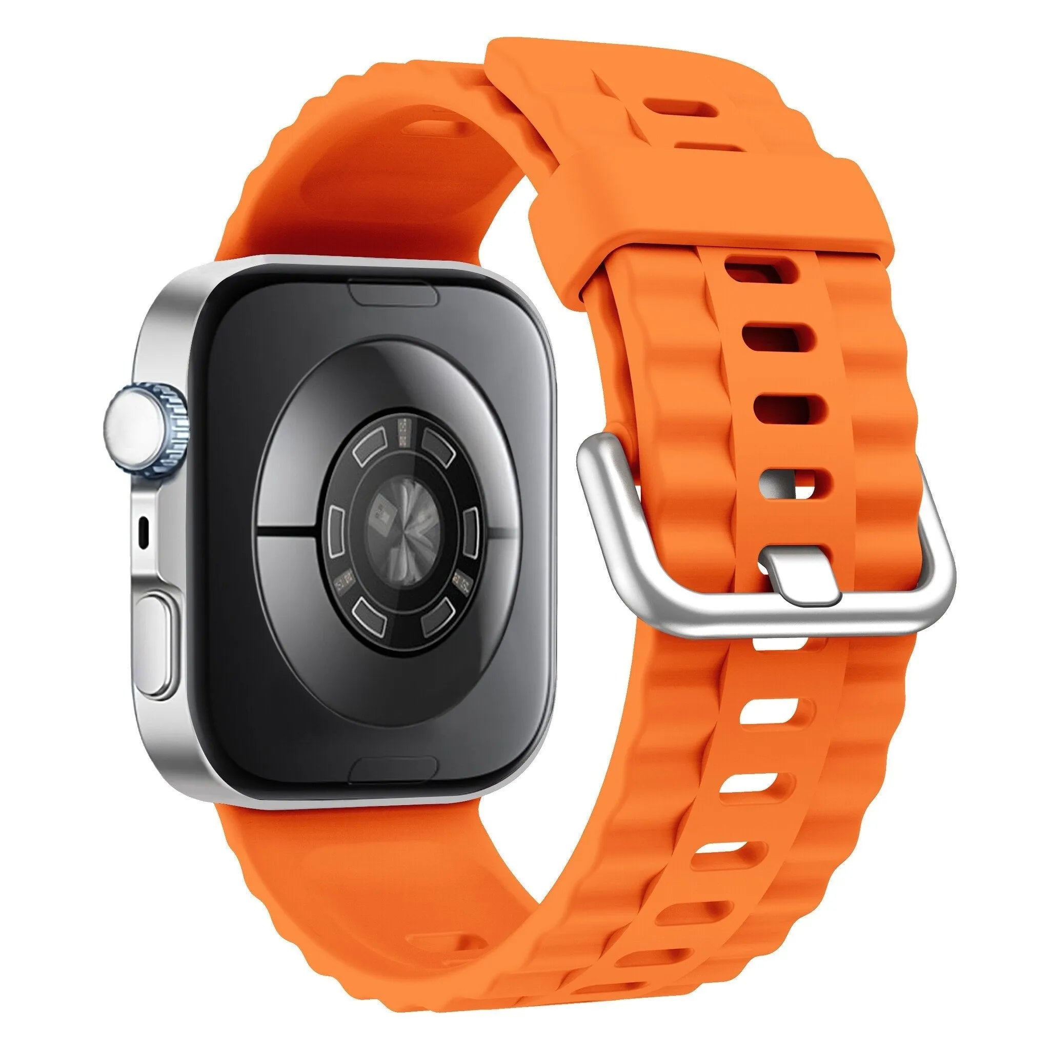 Silicone Classic Strap, orange, on a watch, 3/4 rear view