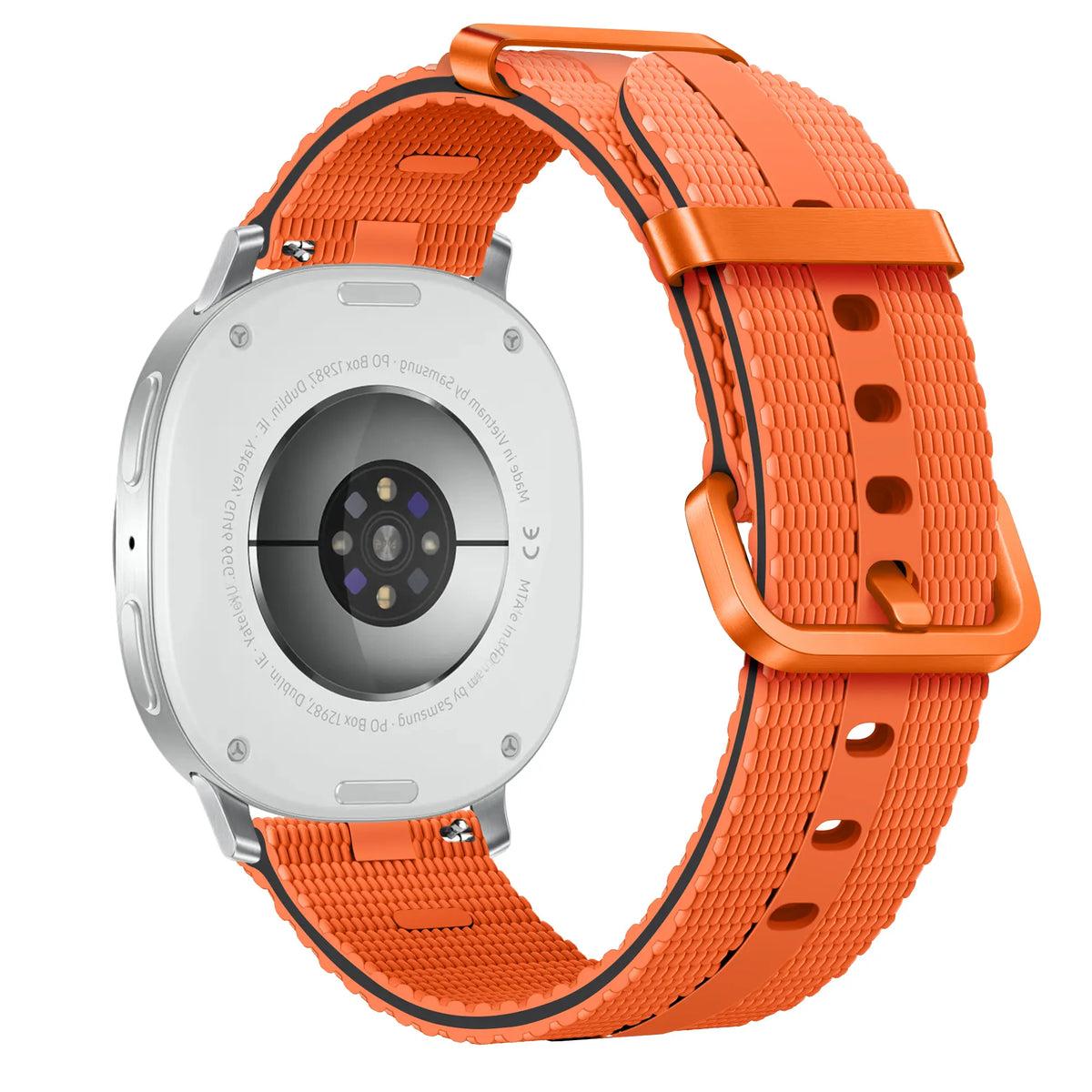 Silicone Active Strap, orange, on a watch, 3/4 rear view