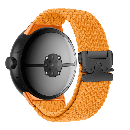 Nylon Braided Strap P-Buckle, orange, on a watch, 3/4 rear view