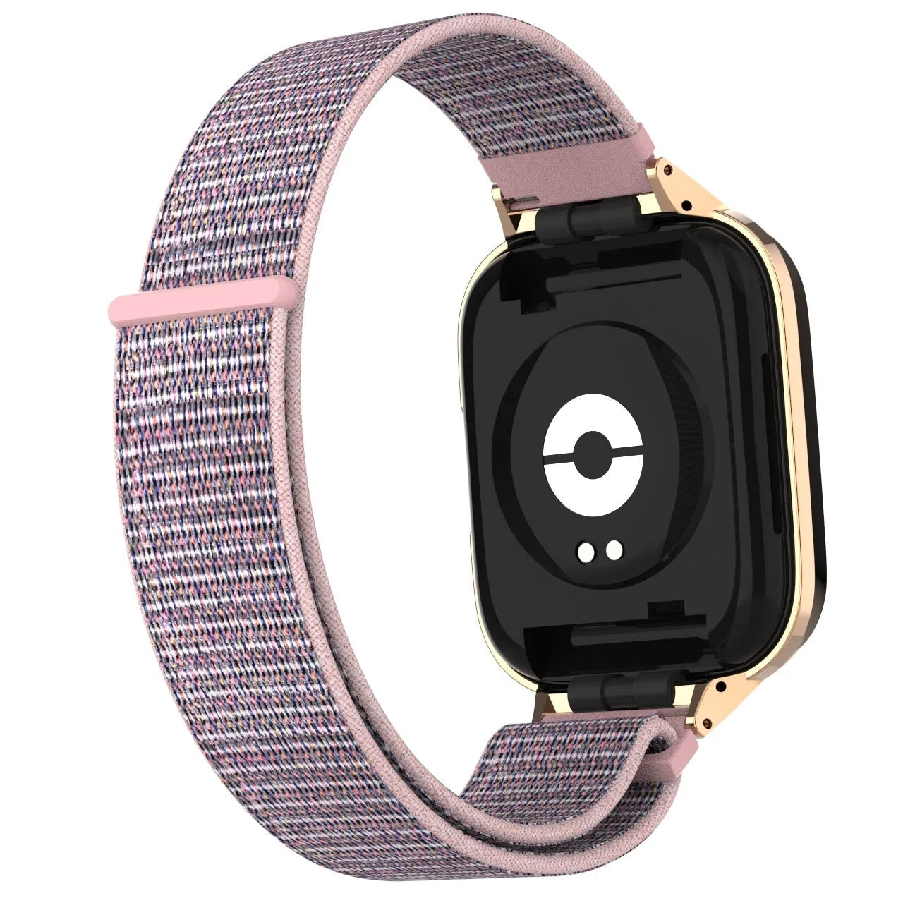 Nylon Strap, pink, on a watch, 3/4 rear view