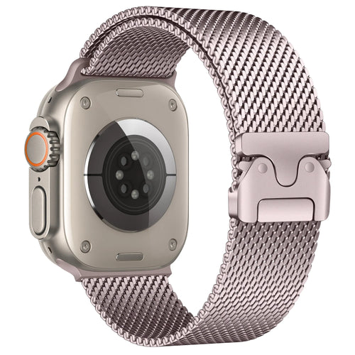 Modern Milanese Strap, pink, on a watch, 3/4 rear view