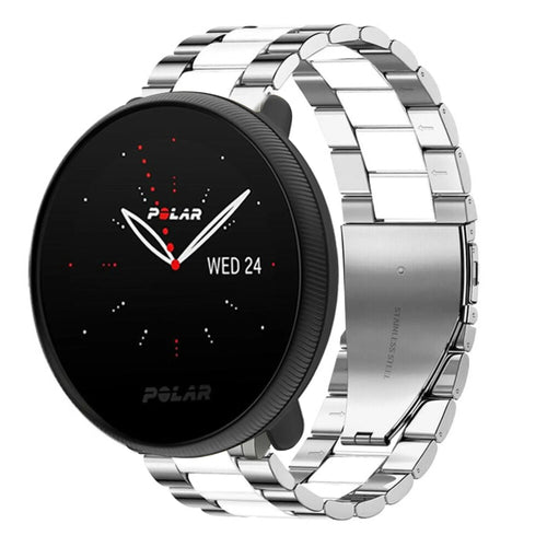 Steel Strap, silver/white, on a watch, 3/4 rear view