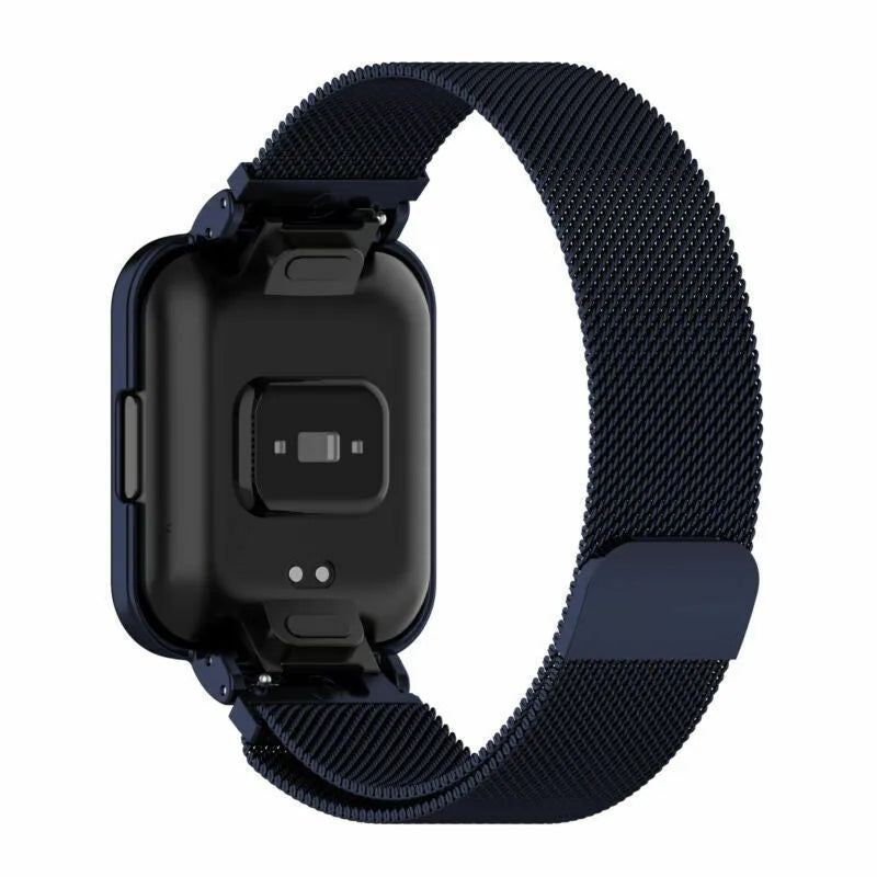Milanese Strap, blue, on a watch, 3/4 rear view