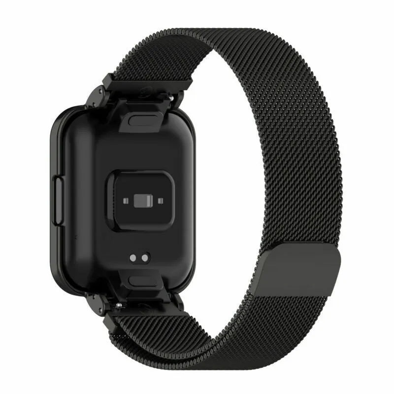 Milanese Strap, black, on a watch, 3/4 rear view