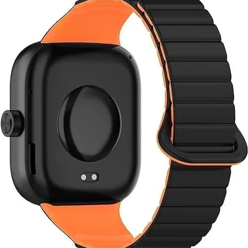 Magnetic Silicone Strap, black/orange, on a watch, 3/4 rear view