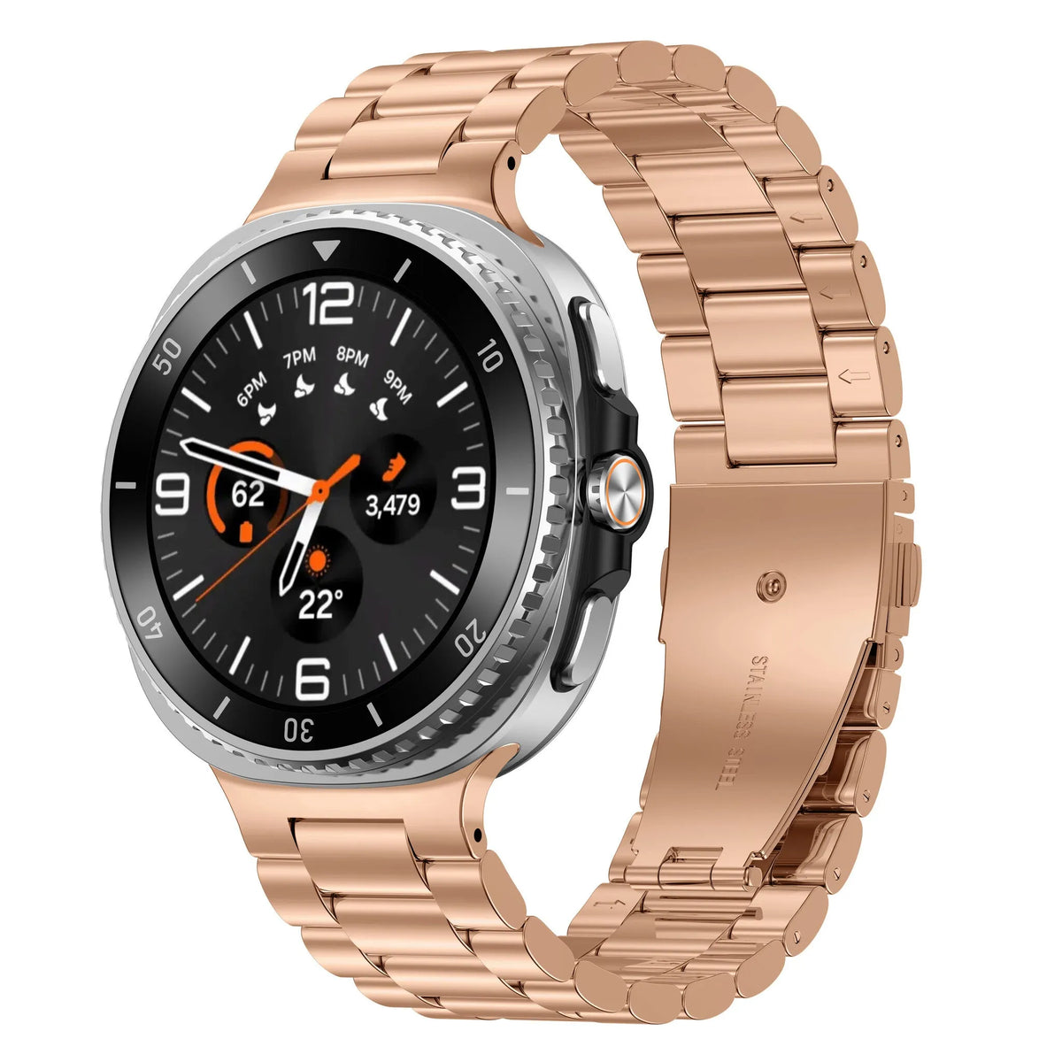 Steel Strap, rose gold, on a watch, 3/4 rear view