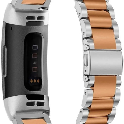 Steel Strap, silver/rose gold, on a watch, 3/4 rear view