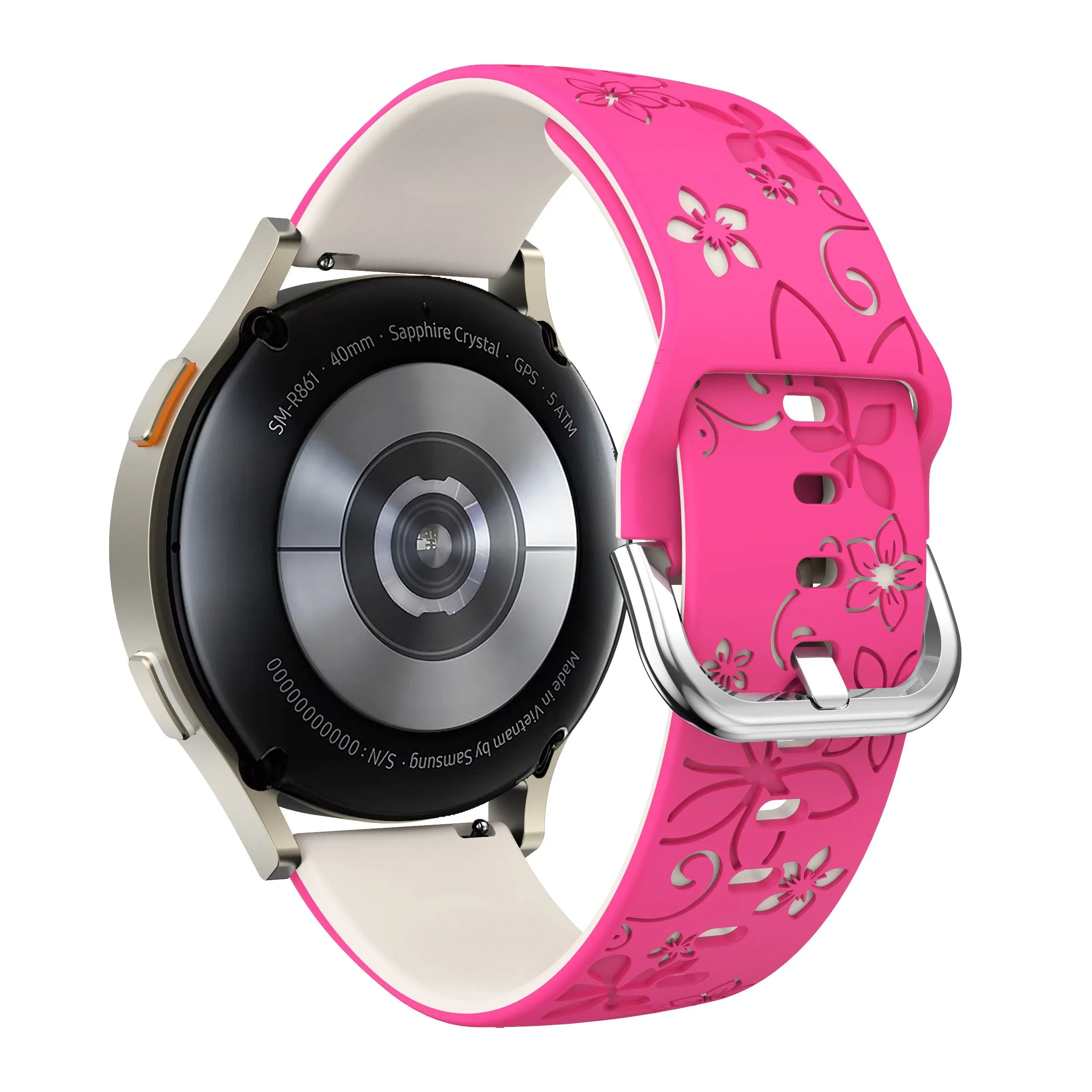 Flower Silicone Strap, bright pink/starlight, on a watch, 3/4 rear view