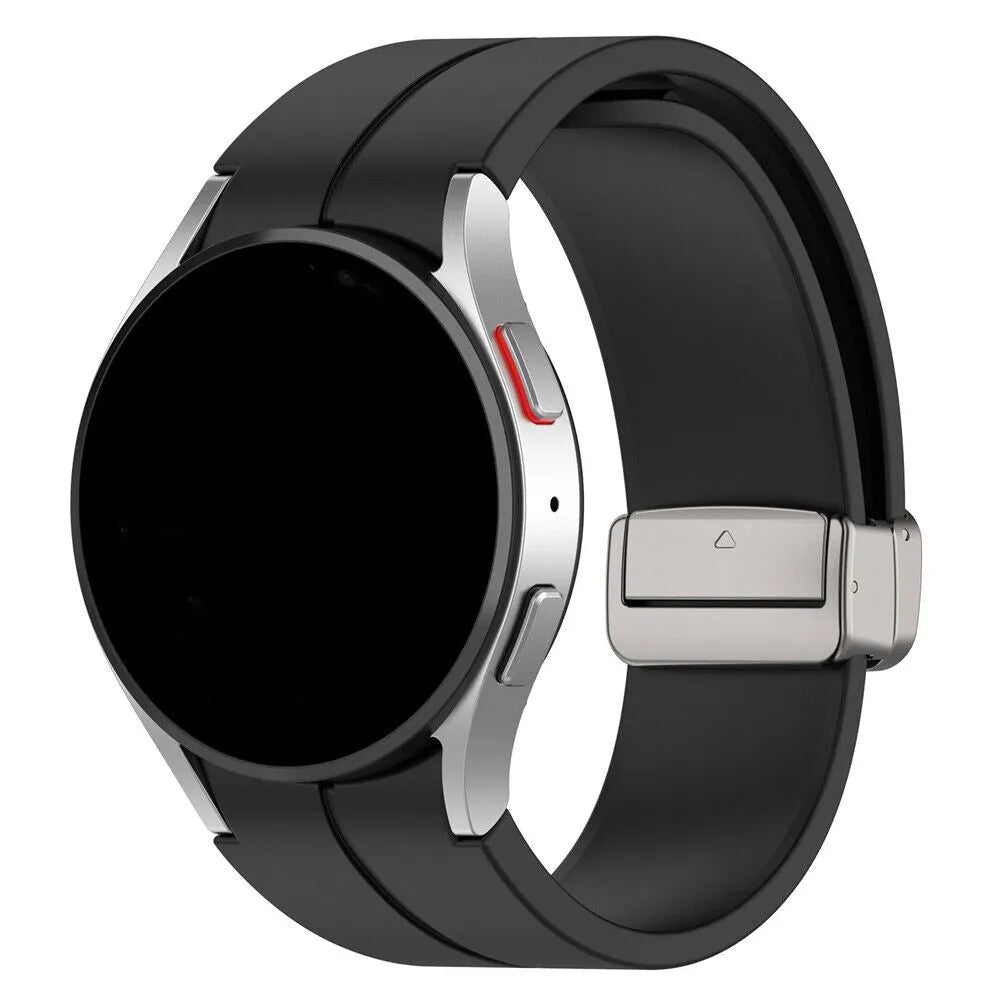 Silicone Magnetic Sport Strap, black, on a watch, 3/4 rear view