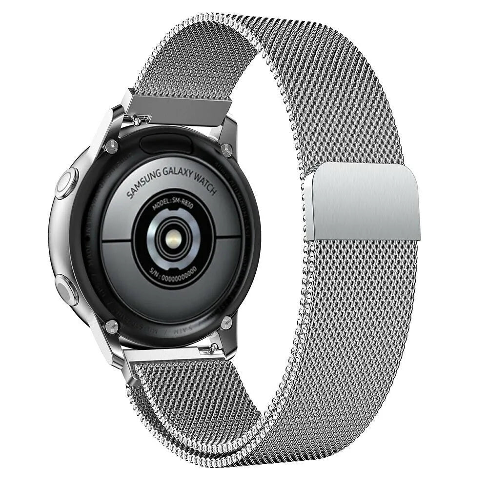 Milanese Strap, silver, on a watch, 3/4 rear view
