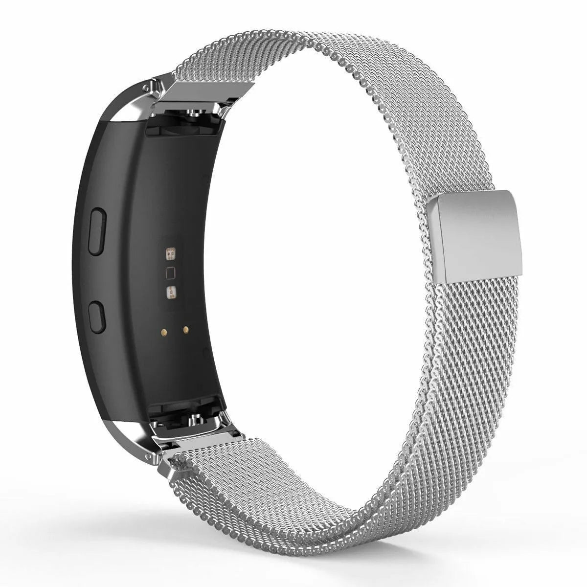 Milanese Strap, silver, on a watch, 3/4 rear view