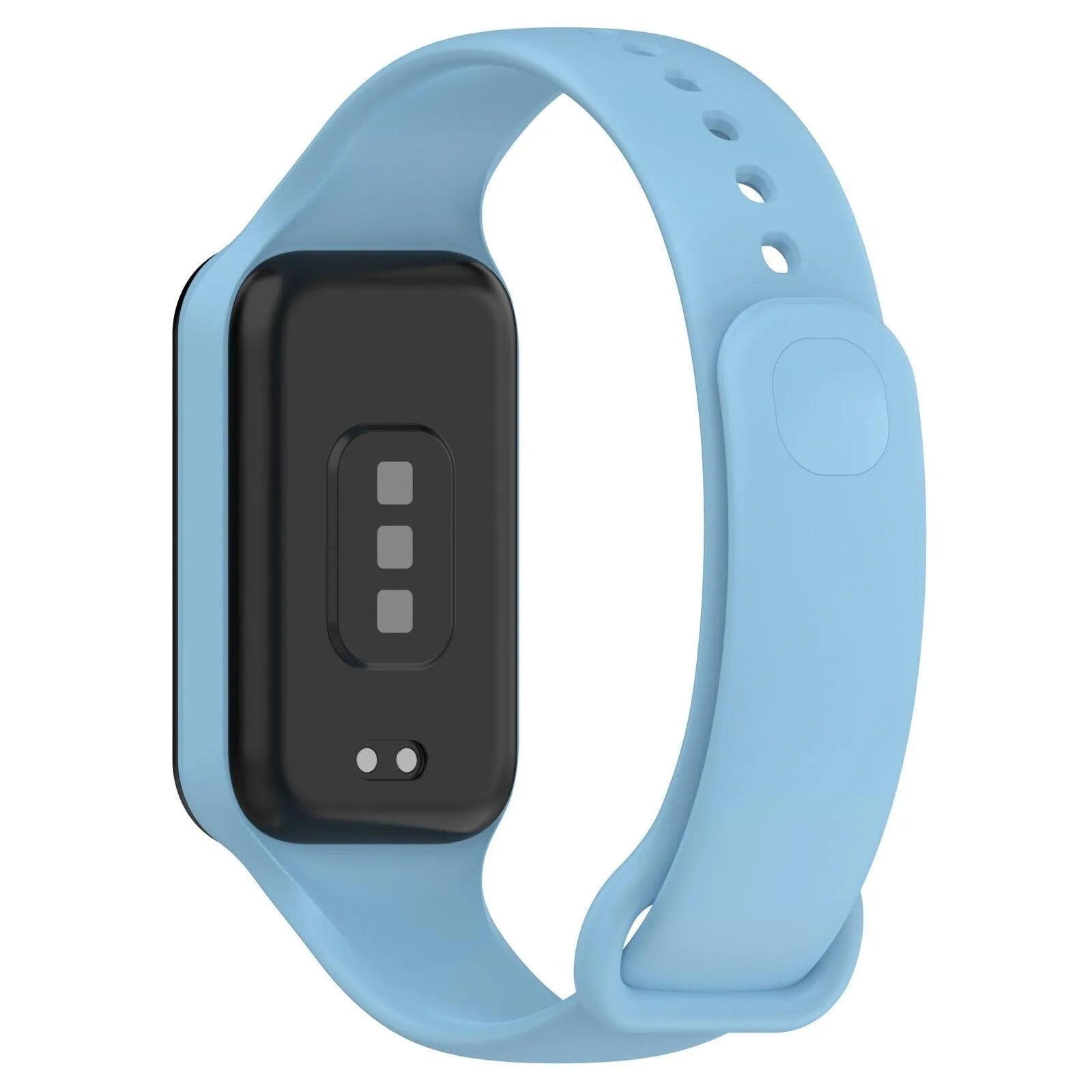 Silicone Strap, light blue, on a watch, 3/4 rear view