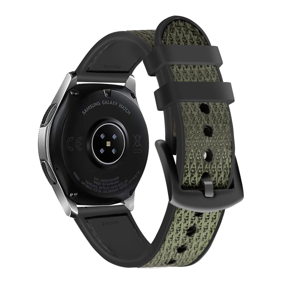 Nylon Hybrid Strap, green, on a watch, 3/4 rear view