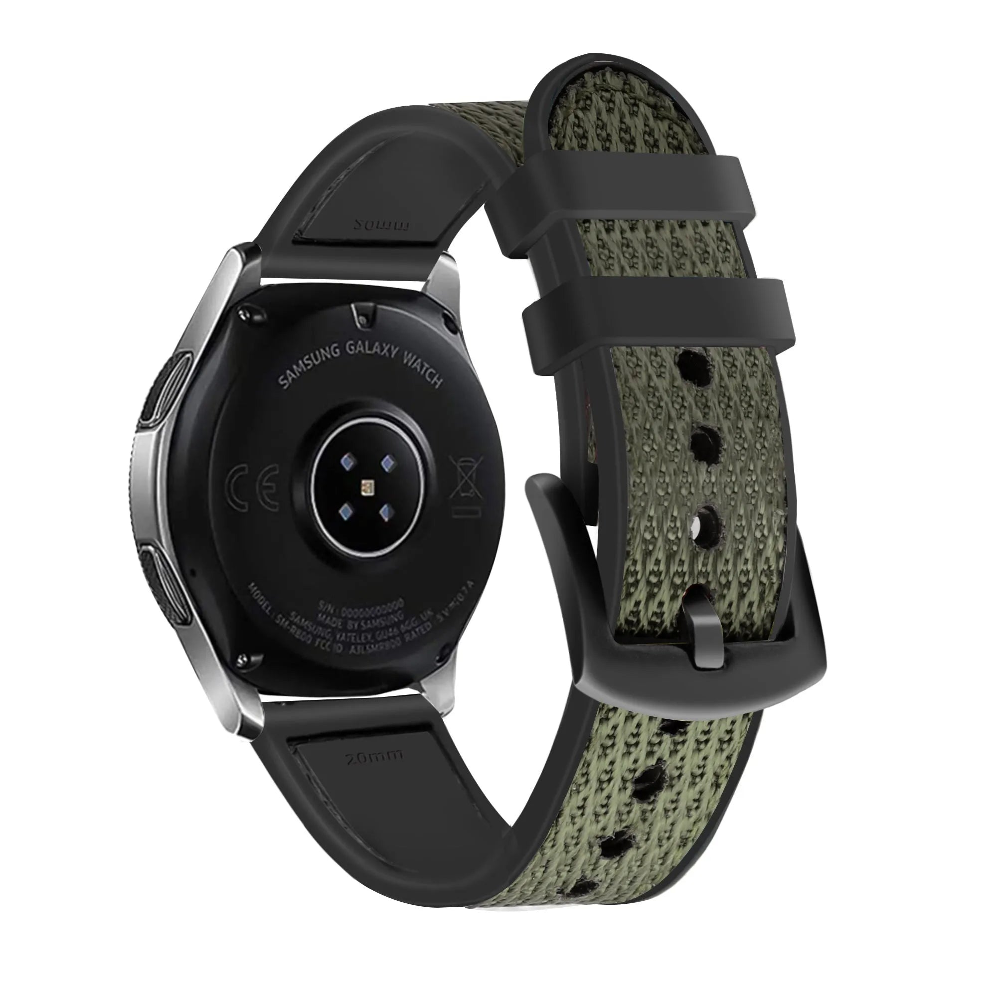 Nylon Hybrid Strap, green, on a watch, 3/4 rear view