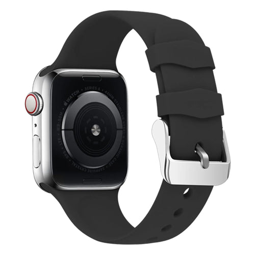 Silicone Strap with Buckle, black, on a watch, 3/4 rear view