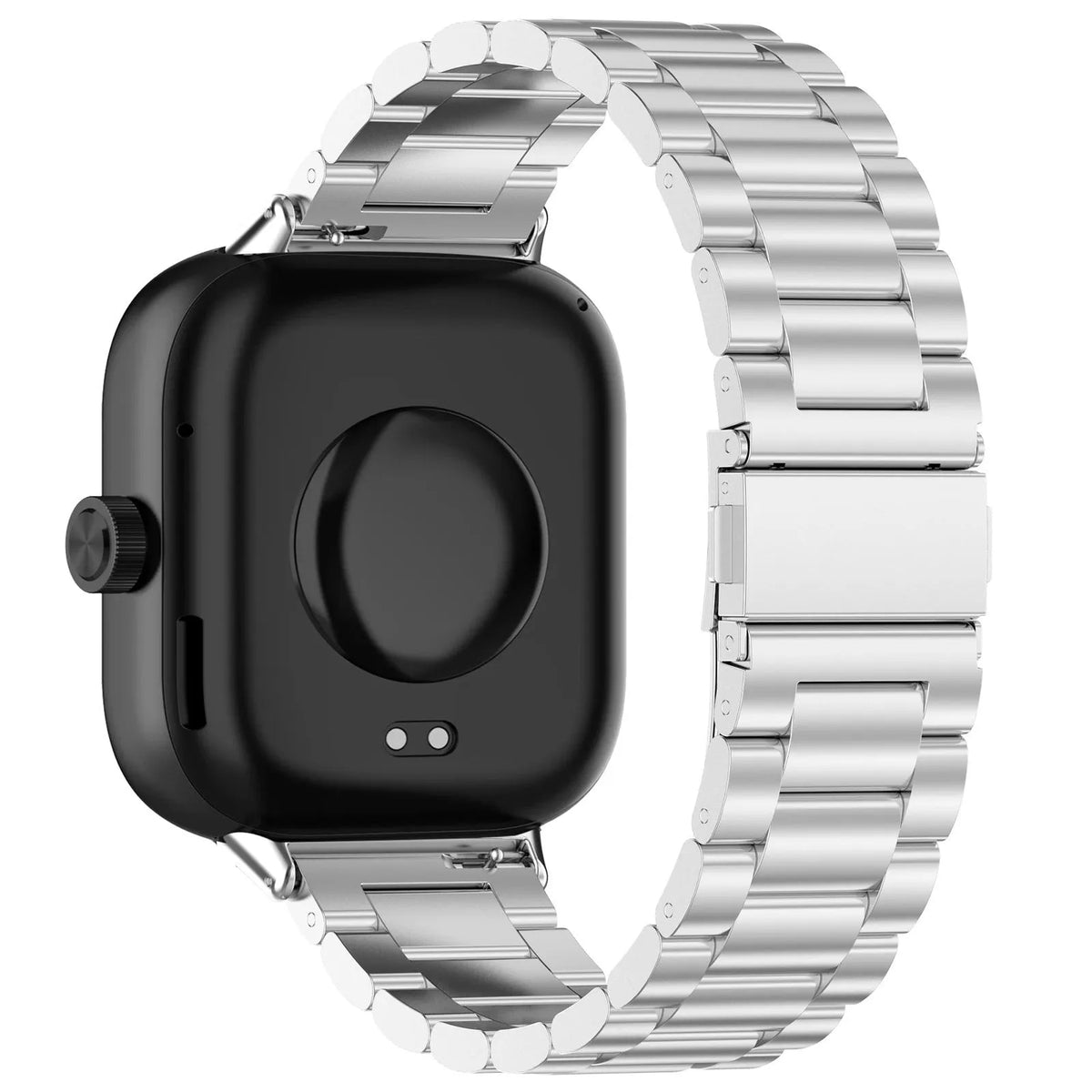 Steel Strap, silver, on a watch, 3/4 rear view
