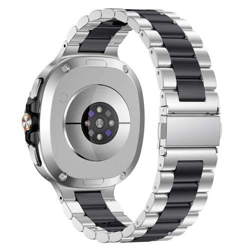 Steel Strap, silver/black, on a watch, 3/4 rear view