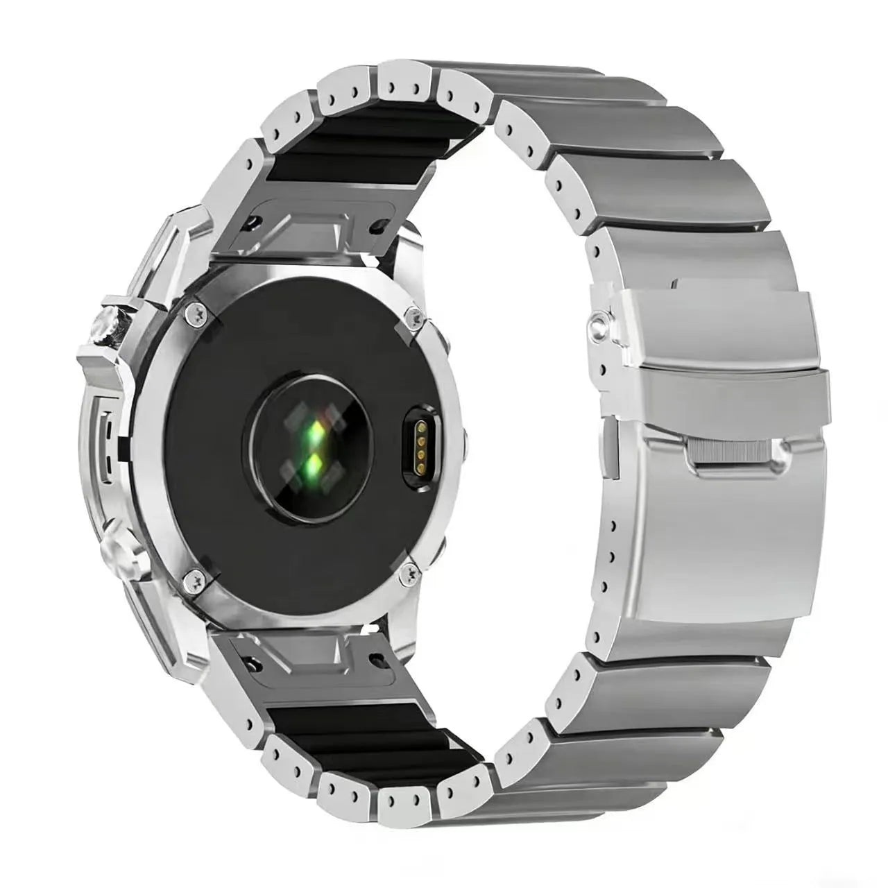 Titanium Hybrid Strap, silver, on a watch, 3/4 rear view