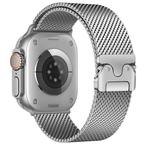 Modern Milanese Strap, silver, on a watch, 3/4 rear view