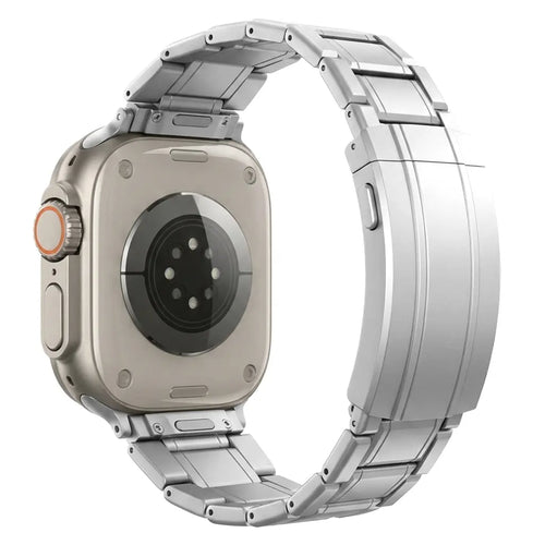 Adjustable Titanium Strap, silver, on a watch, 3/4 rear view