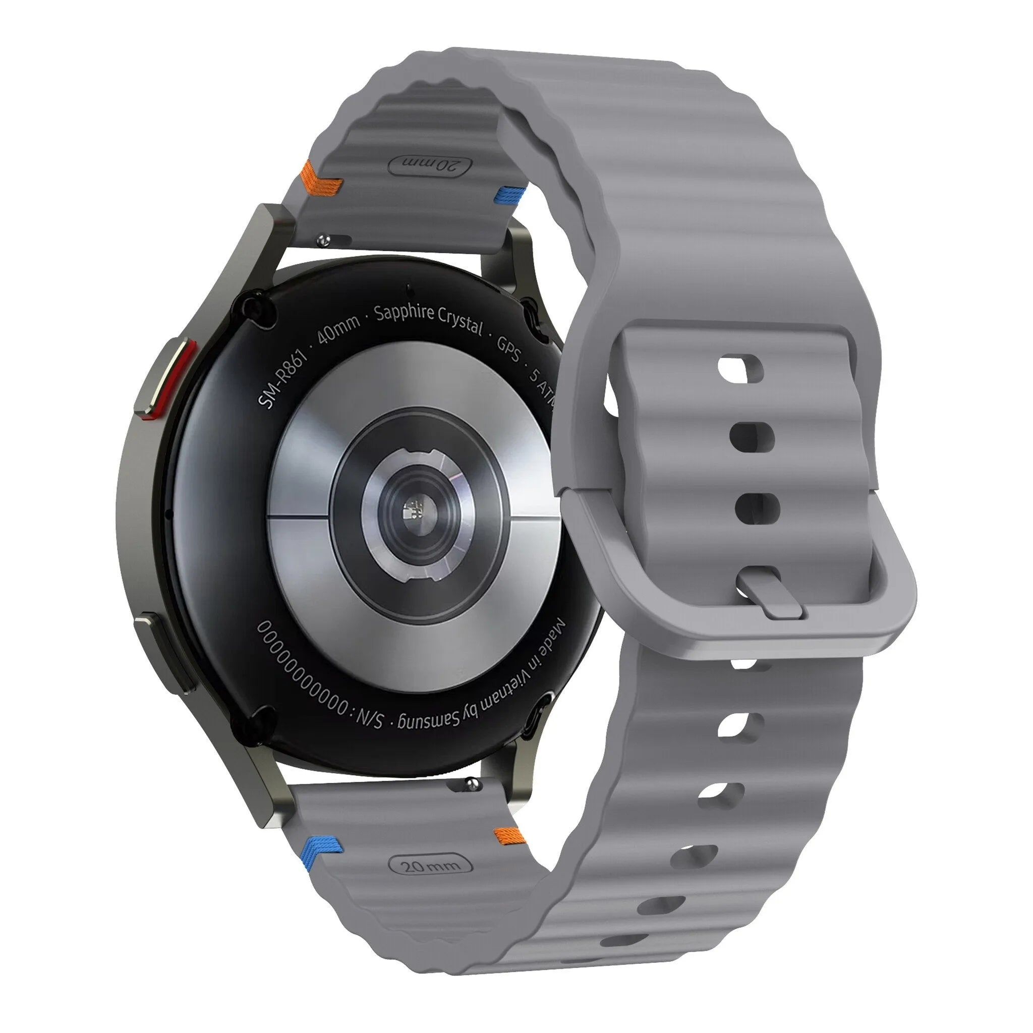 Wave Silicone Strap, dark grey, on a watch, 3/4 rear view
