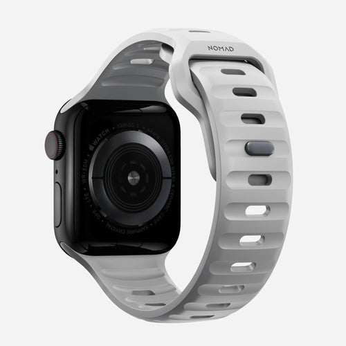 Sport Silicone Strap, grey, on a watch, 3/4 rear view