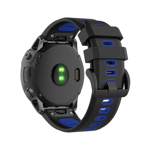 Silicone Sport Buckle Strap, black/blue, on a watch, 3/4 rear view