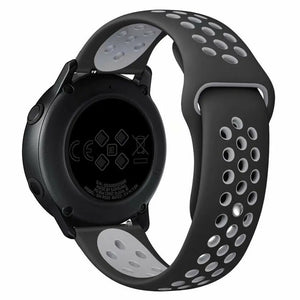 Silicone Sport Strap, black/grey, on a watch, 3/4 rear view