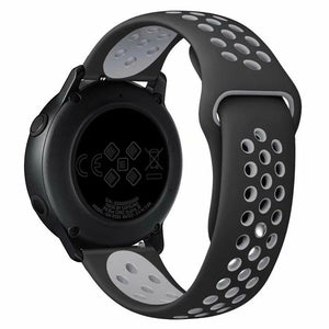 Silicone Sport Strap, black/grey, on a watch, 3/4 rear view