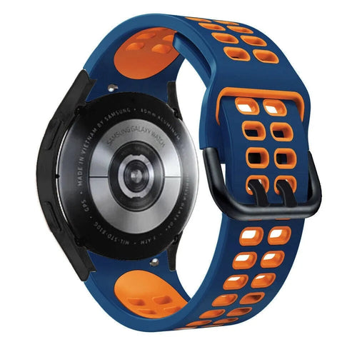 Silicone Squared Sport Strap, blue/orange, on a watch, 3/4 rear view