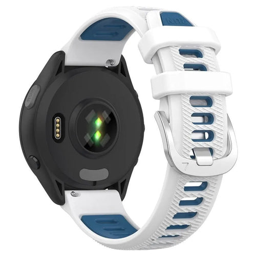 Silicone Buckled Sport Strap, white/blue, on a watch, 3/4 rear view