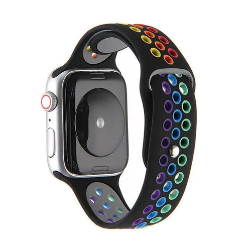 Silicone Sport Strap, black/colourful, on a watch, 3/4 rear view