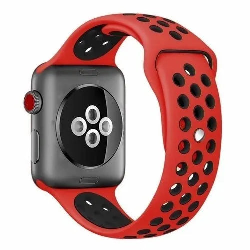 Silicone Sport Strap, red/black, on a watch, 3/4 rear view