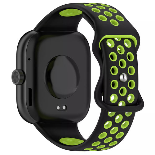 Silicone Sport Strap, black/lime, on a watch, 3/4 rear view