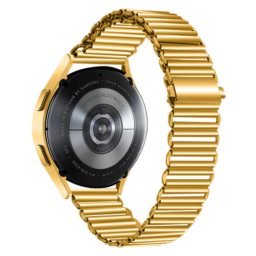 Steel Loop Strap, gold, on a watch, 3/4 rear view