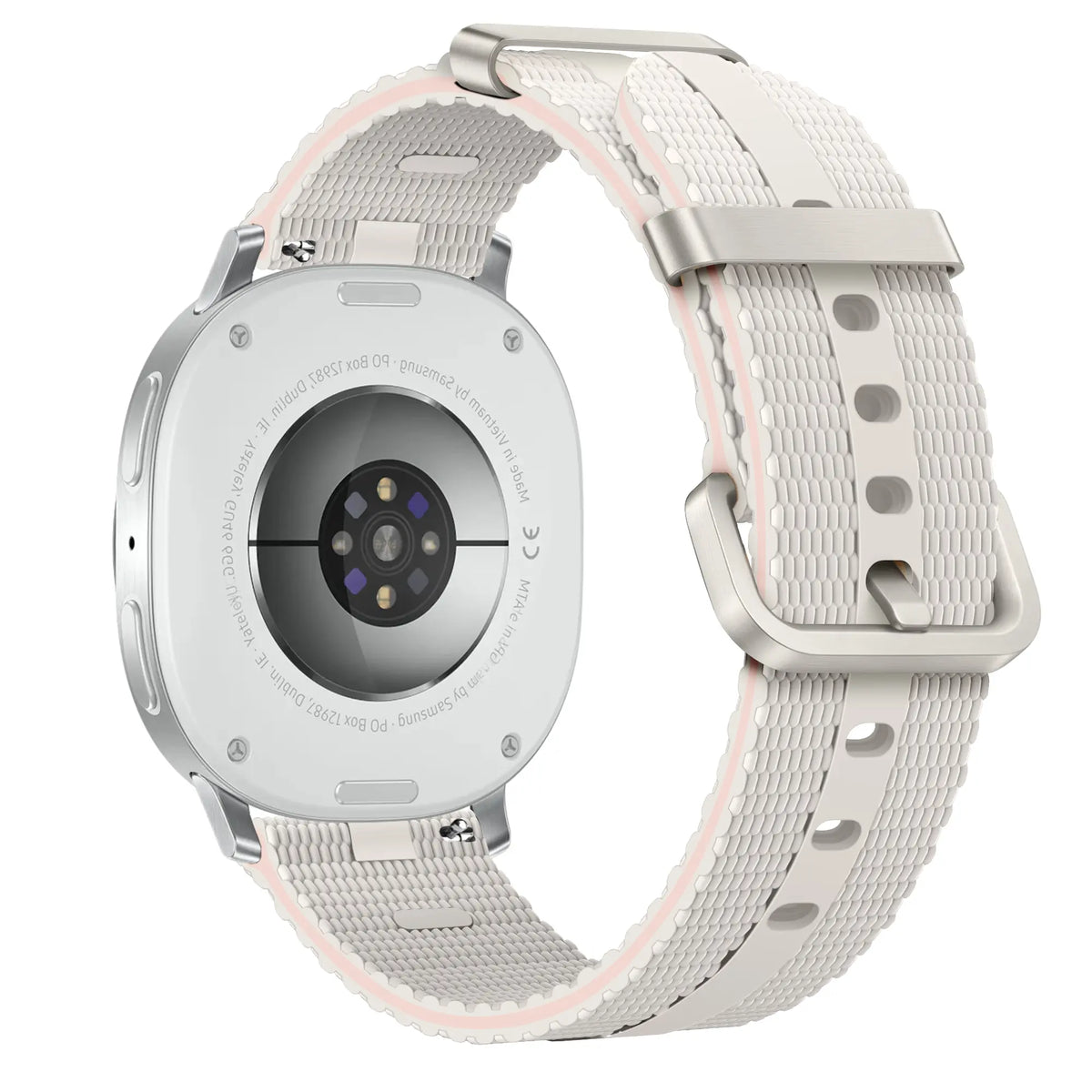 Silicone Active Strap, starlight, on a watch, 3/4 rear view
