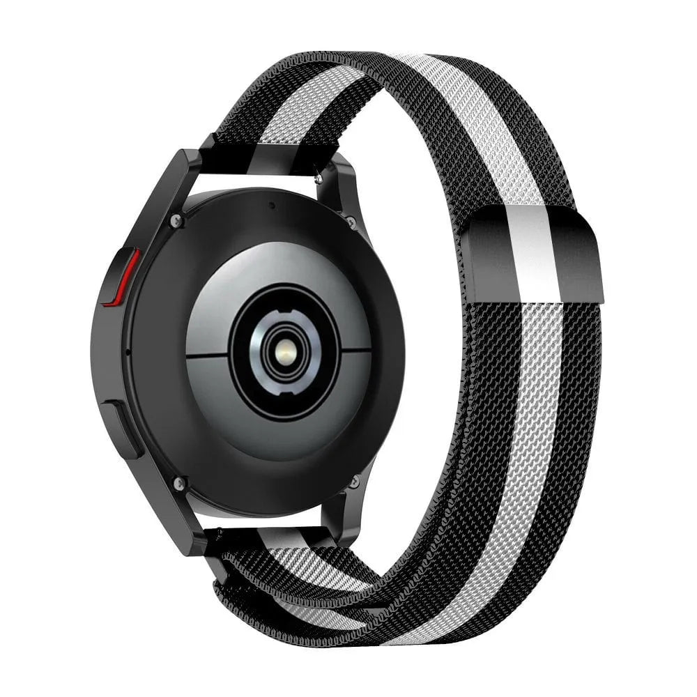 Milanese Strap, black/white, on a watch, 3/4 rear view