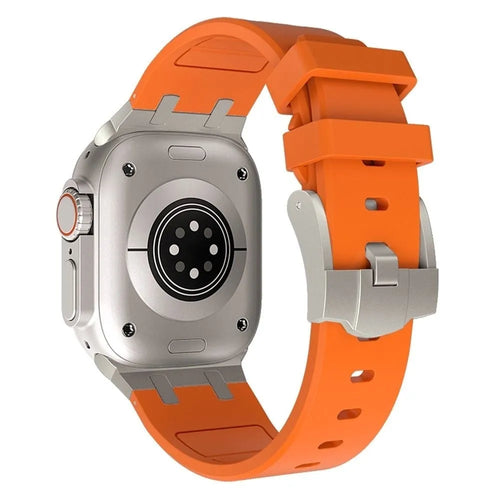 Luxury Liquid Silicone Strap, orange/titanium, on a watch, 3/4 rear view