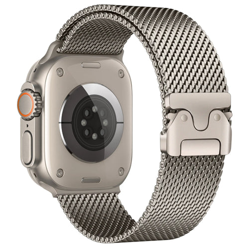 Modern Milanese Strap, titanium, on a watch, 3/4 rear view