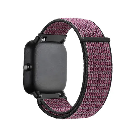 Nylon Strap, berry, on a watch, 3/4 rear view