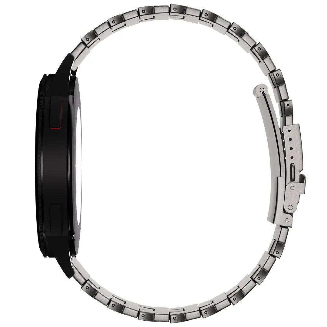 Butterfly Titanium Strap, graphite, on a watch, 3/4 rear view