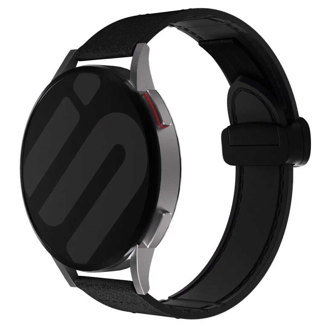 D-Buckle Leather Strap, black, on a watch, 3/4 rear view