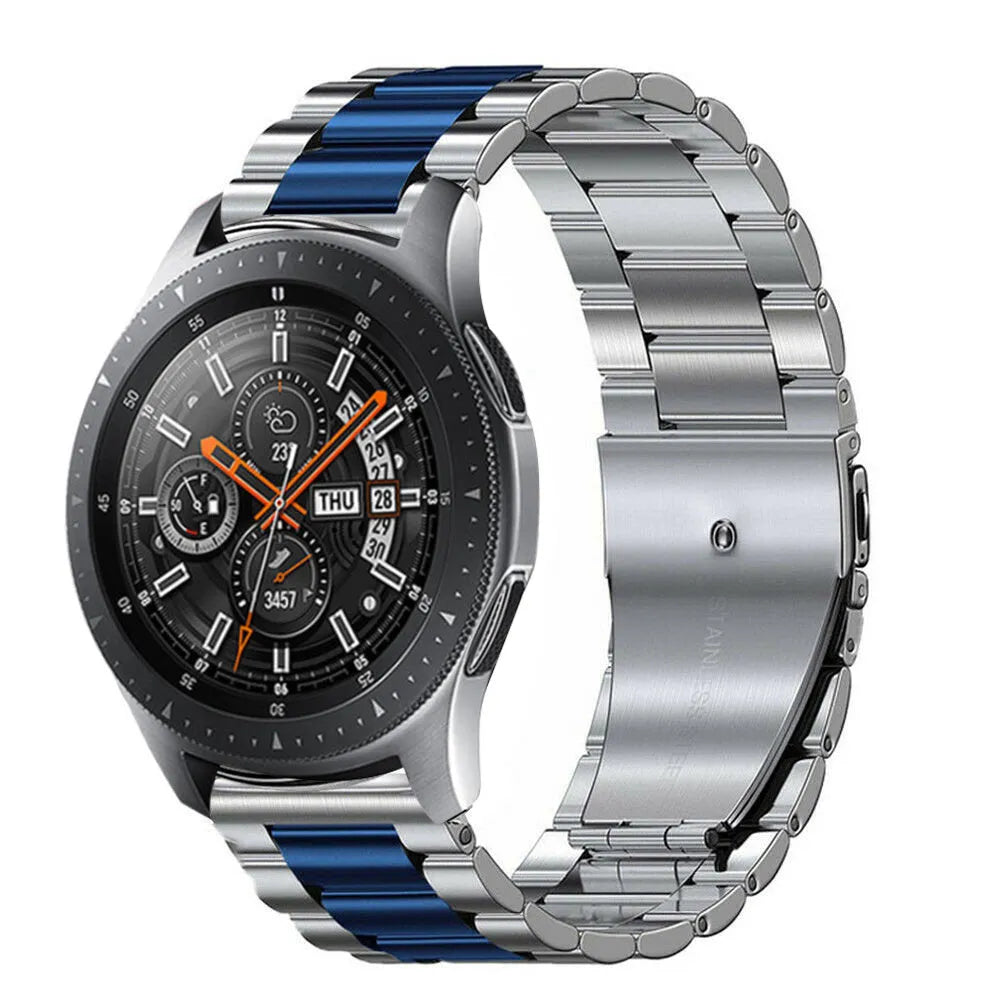 Steel Strap, silver/blue, on a watch, 3/4 rear view