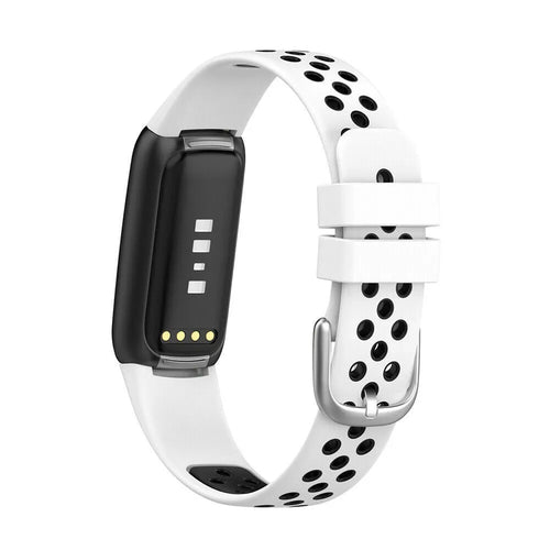 Silicone Sport Strap, white/black, on a watch, 3/4 rear view