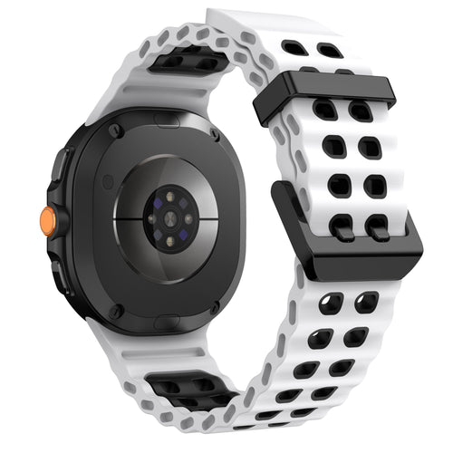 Silicone Ocean Strap, white/black, on a watch, 3/4 rear view