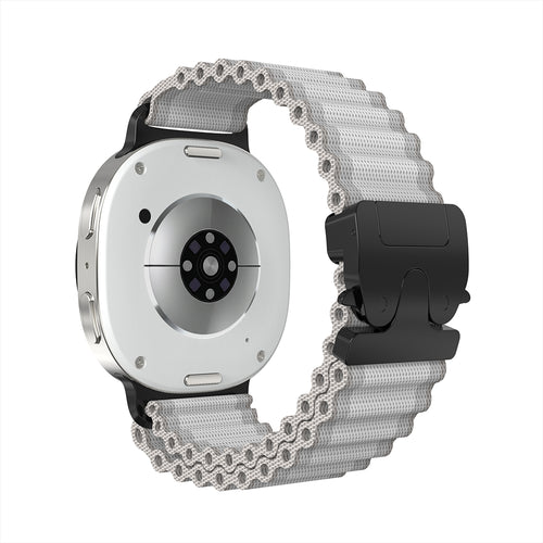 Outdoor Nylon Strap with P-Buckle, white with black, on a watch, 3/4 rear view
