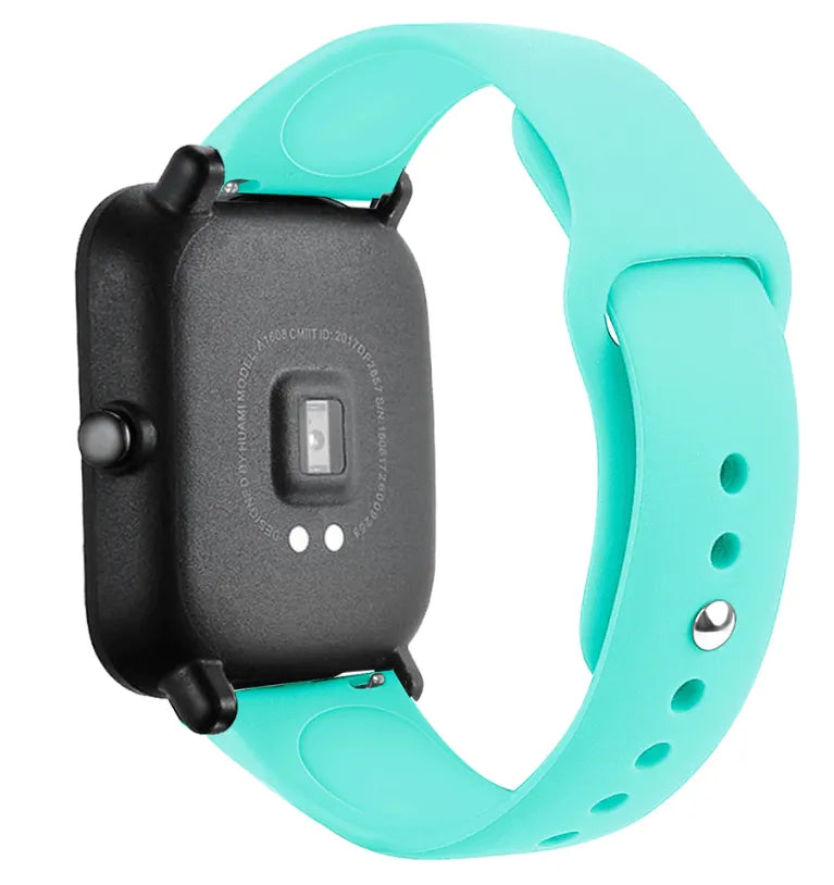 Silicone Sport Strap, aqua, on a watch, 3/4 rear view