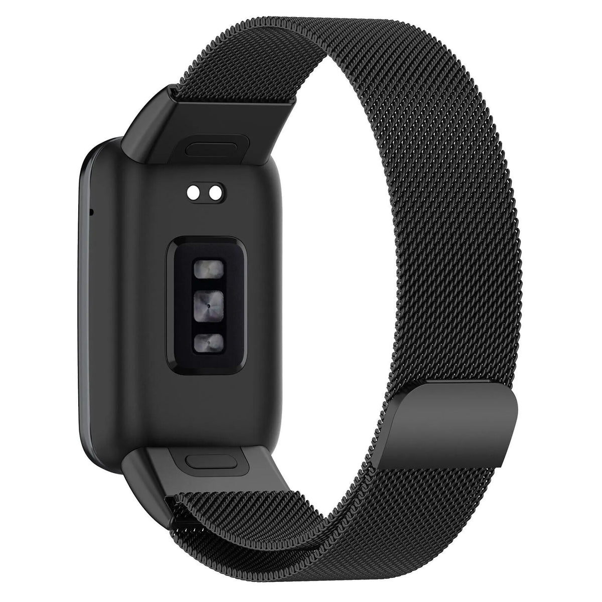 Milanese Strap, black, on a watch, 3/4 rear view