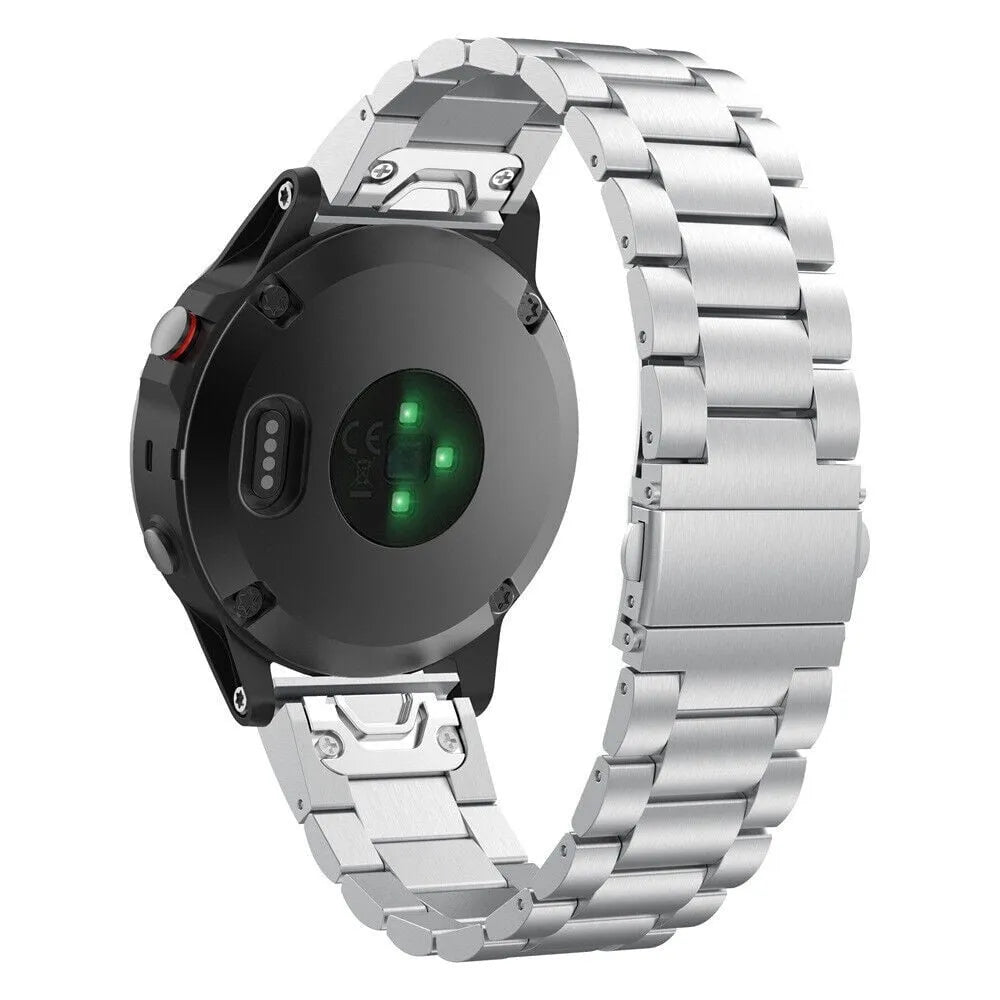 Steel Strap, silver, on a watch, 3/4 rear view